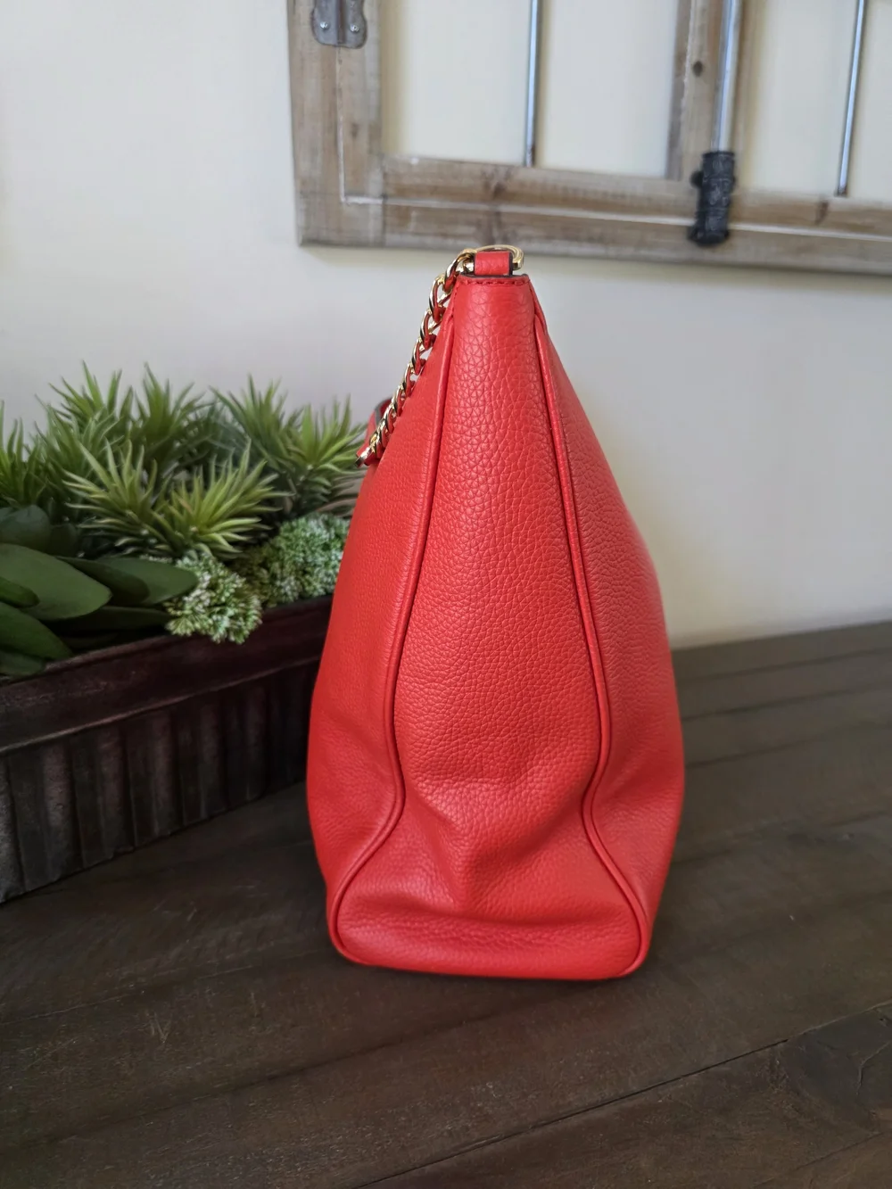 Tory Burch Carter Slouchy Hobo Poppy Red Pebbled Leather Chain Shoulder Bag